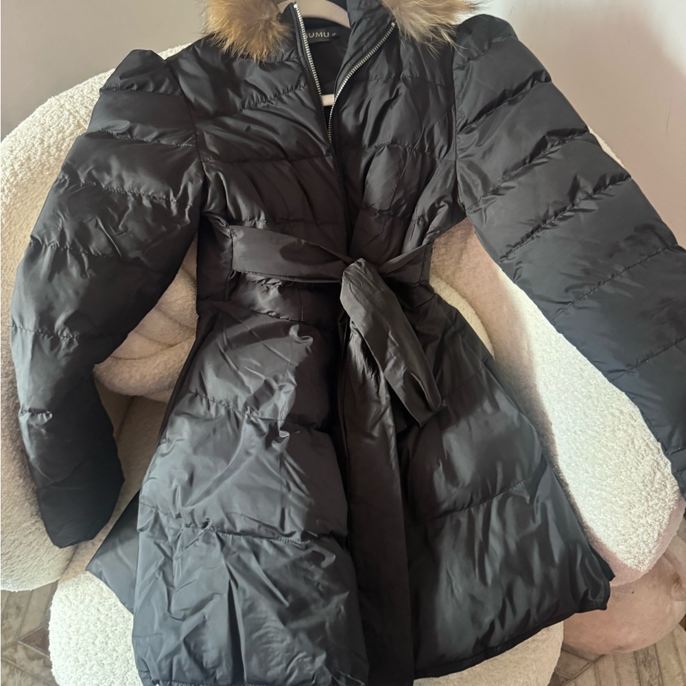 Peplum Black Puffer Jacket with Fur Trim Puff Shoulder